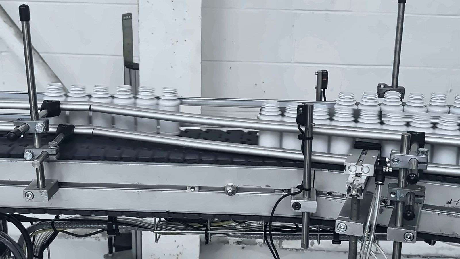 Bottles single-file on the conveyor belt between guide rails